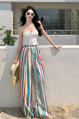 Rainbow Striped Wide-Leg Pants for Beach Vacation â€“ Floor-Length Linen Pants with Sun Protection Cardigan in Lazy Style