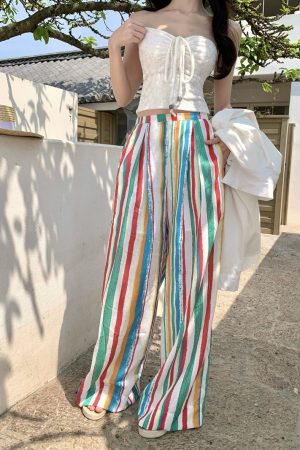 Rainbow Striped Wide-Leg Pants for Beach Vacation â€“ Floor-Length Linen Pants with Sun Protection Cardigan in Lazy Style