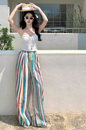 Rainbow Striped Wide-Leg Pants for Beach Vacation â€“ Floor-Length Linen Pants with Sun Protection Cardigan in Lazy Style