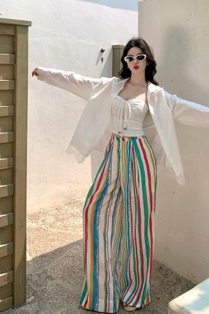 Rainbow Striped Wide-Leg Pants for Beach Vacation â€“ Floor-Length Linen Pants with Sun Protection Cardigan in Lazy Style