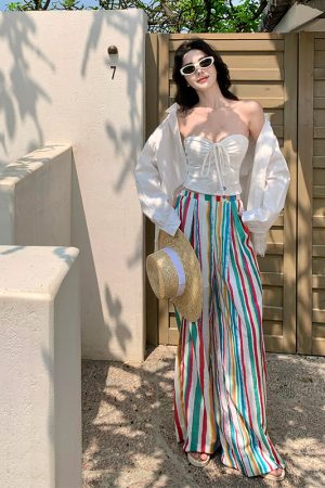 Rainbow Striped Wide-Leg Pants for Beach Vacation â€“ Floor-Length Linen Pants with Sun Protection Cardigan in Lazy Style