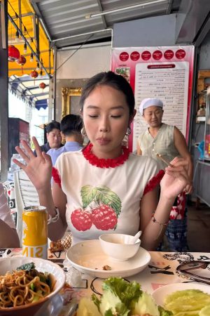 Raspberry Print Red Lace Trim Short Sleeve Top - Slim Fit Pure Cotton Women's Korean Style Fashion