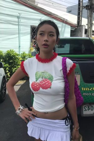 Raspberry Print Red Lace Trim Short Sleeve Top - Slim Fit Pure Cotton Women's Korean Style Fashion