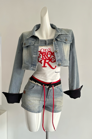 Rebellious Cowboy Vintage Heavy-Duty Denim Jacket, Tank Top & Casual Shorts Set for Women - Spring Fashion 90s Y2K Style