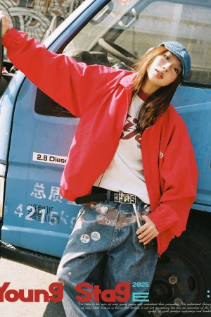 Red American Retro Letter Print Work Jacket for Women - Loose Fit Versatile Spring Jacket in Casual Style