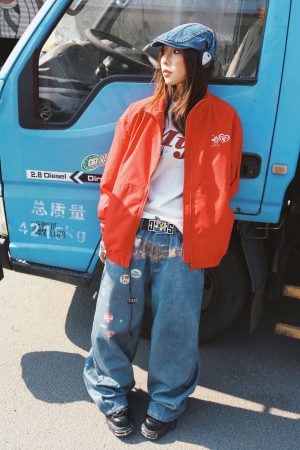 Red American Retro Letter Print Work Jacket for Women - Loose Fit Versatile Spring Jacket in Casual Style