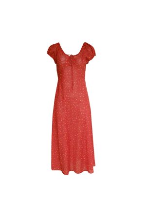 Red Floral Dress for Women, Loose Puff Sleeve Long Dress with French V-neck, Summer Flowers Design, Vintage Style, Perfect for Summer Outings