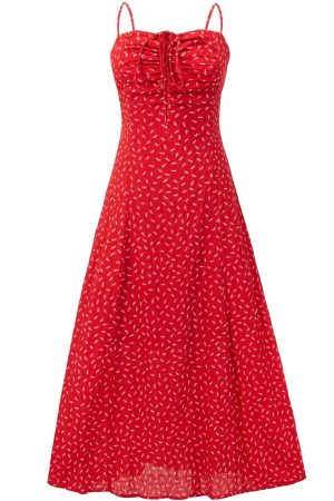 Red Floral Spaghetti Strap Dress for Women - 2025 Summer Ruffled Beach Vacation Dress in 90s Style