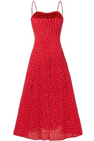 Red Floral Spaghetti Strap Dress for Women - 2025 Summer Ruffled Beach Vacation Dress in 90s Style