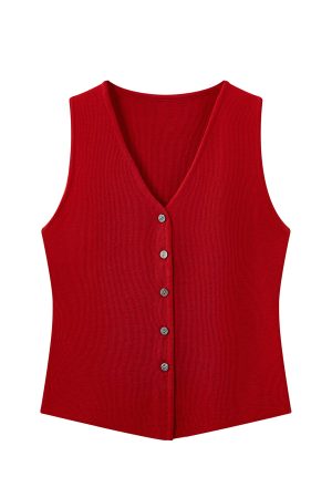 Red Hong Kong Style Sleeveless Top for Women - Summer V-Neck Slim Knit Vest - Casual Chic Fashion Essentials
