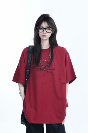 Red Ink Splash Design Short-Sleeve T-Shirt for Women - Trendy Summer Heavyweight Loose Fit, Casual Style