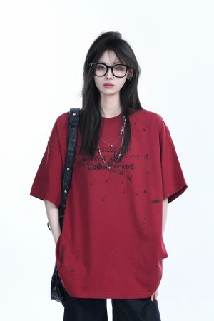 Red Ink Splash Design Short-Sleeve T-Shirt for Women - Trendy Summer Heavyweight Loose Fit, Casual Style