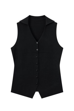 Red Knitted Vest Top for Women - 2025 Summer Polo Collar Sleeveless T-Shirt Blouse, Trendy Korean Style Fashion