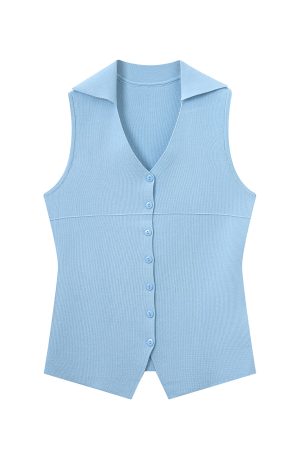 Red Knitted Vest Top for Women - 2025 Summer Polo Collar Sleeveless T-Shirt Blouse, Trendy Korean Style Fashion