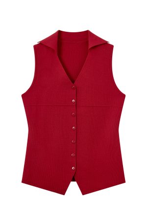 Red Knitted Vest Top for Women - 2025 Summer Polo Collar Sleeveless T-Shirt Blouse, Trendy Korean Style Fashion