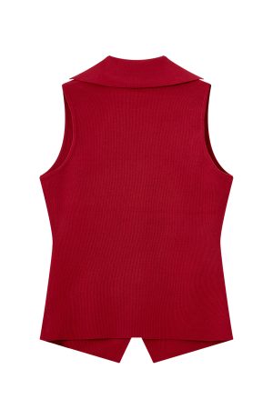 Red Knitted Vest Top for Women - 2025 Summer Polo Collar Sleeveless T-Shirt Blouse, Trendy Korean Style Fashion
