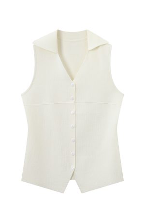 Red Knitted Vest Top for Women - 2025 Summer Polo Collar Sleeveless T-Shirt Blouse, Trendy Korean Style Fashion