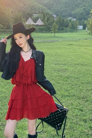 Red Lace Long Sleeve Top and High-Waisted Skirt Set for Women - Desert Photography Vacation Style