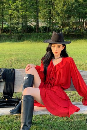 Red Lace Long Sleeve Top and High-Waisted Skirt Set for Women - Desert Photography Vacation Style