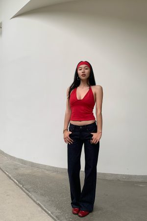 Red Non-Fading Denim Slim Leg Mid-Low Waist Straight Leg Jeans for Women - Vintage Casual Style