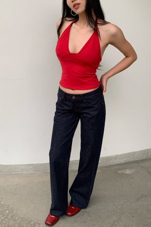 Red Non-Fading Denim Slim Leg Mid-Low Waist Straight Leg Jeans for Women - Vintage Casual Style