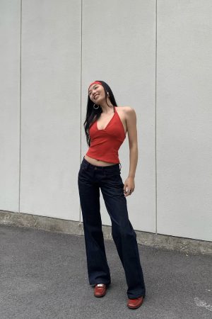 Red Non-Fading Denim Slim Leg Mid-Low Waist Straight Leg Jeans for Women - Vintage Casual Style