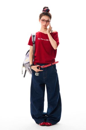 Red Off-Shoulder Short Sleeve T-Shirt for Women - Casual Spicy Girl Top, Versatile Summer 2025 Fashion, Y2K Style