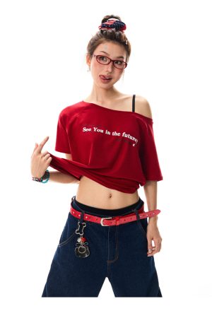 Red Off-Shoulder Short Sleeve T-Shirt for Women - Casual Spicy Girl Top, Versatile Summer 2025 Fashion, Y2K Style