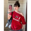 Red Off-Shoulder Short Sleeve Women's Summer T-Shirt with Sausage Dog Print - Casual Loose Fit Sexy American Style Top