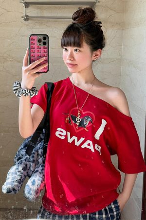 Red Off-Shoulder Short Sleeve Women's Summer T-Shirt with Sausage Dog Print - Casual Loose Fit Sexy American Style Top