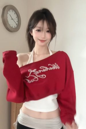 Red Off-Shoulder Sweatshirt Set for Women, Rhinestone Letter Detail, Long Sleeve, Loose Fit, Spring Fashion, Trendy Two-Piece Outfit