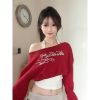 Red Off-Shoulder Sweatshirt Set for Women, Rhinestone Letter Detail, Long Sleeve, Loose Fit, Spring Fashion, Trendy Two-Piece Outfit