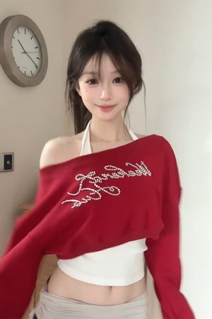 Red Off-Shoulder Sweatshirt Set for Women, Rhinestone Letter Detail, Long Sleeve, Loose Fit, Spring Fashion, Trendy Two-Piece Outfit