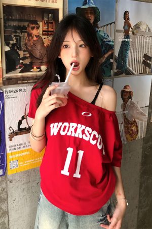 Red One-Shoulder Short Sleeve Women's Summer Letter Print Casual Off-Shoulder T-Shirt - Sexy Loose Slimming Top for Y2K Style