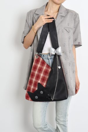 Red Plaid Crossbody Bag - Y2K Cat Underarm Bag for Spring/Summer Fashion