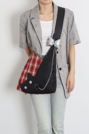Red Plaid Crossbody Bag - Y2K Cat Underarm Bag for Spring/Summer Fashion
