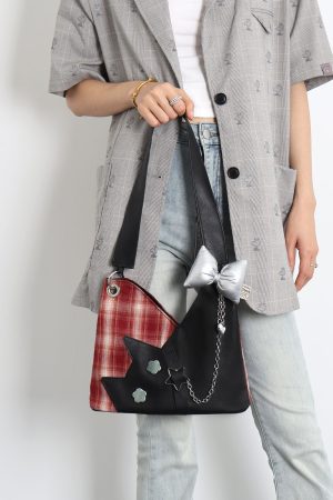 Red Plaid Crossbody Bag - Y2K Cat Underarm Bag for Spring/Summer Fashion