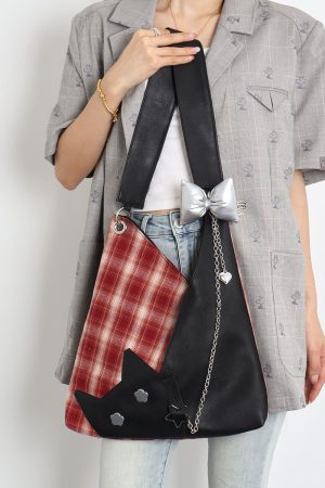 Red Plaid Crossbody Bag - Y2K Cat Underarm Bag for Spring/Summer Fashion
