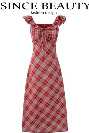 Red Plaid French V-Neck Summer Long Dress - 2025 New Arrival, Waist-Defining and Slimming, Perfect for Vacation Style