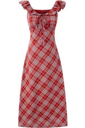 Red Plaid French V-Neck Summer Long Dress - 2025 New Arrival, Waist-Defining and Slimming, Perfect for Vacation Style