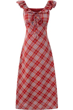 Red Plaid French V-Neck Summer Long Dress - 2025 New Arrival, Waist-Defining and Slimming, Perfect for Vacation Style