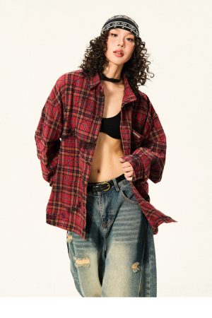 Red Plaid Loose Long Sleeve Shirt for Women - American Vintage Style for Early Autumn, 90s Inspired Fashion