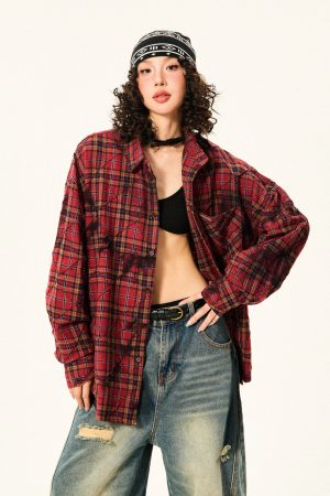 Red Plaid Loose Long Sleeve Shirt for Women - American Vintage Style for Early Autumn, 90s Inspired Fashion
