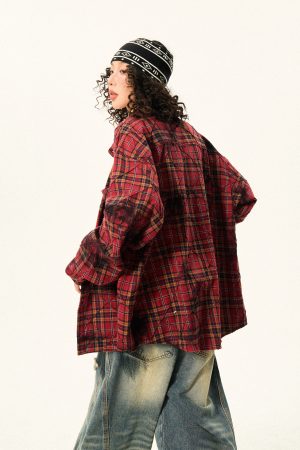 Red Plaid Loose Long Sleeve Shirt for Women - American Vintage Style for Early Autumn, 90s Inspired Fashion