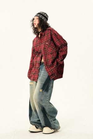 Red Plaid Loose Long Sleeve Shirt for Women - American Vintage Style for Early Autumn, 90s Inspired Fashion