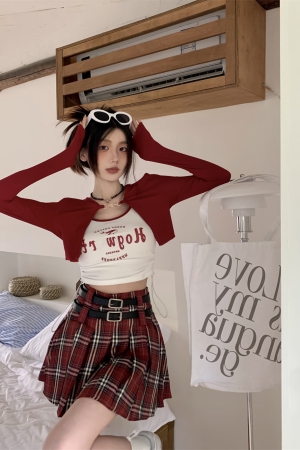 Red Plaid Pleated A-Line Skirt for Women, American Retro College Style, Slimming Anti-Exposure JK Short Skirt, Y2K Fashion