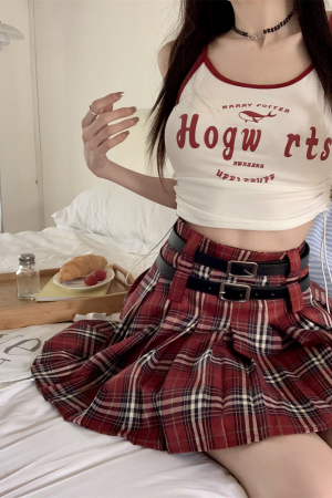 Red Plaid Pleated A-Line Skirt for Women, American Retro College Style, Slimming Anti-Exposure JK Short Skirt, Y2K Fashion