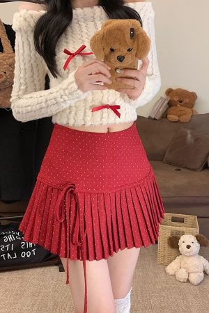 Red Polka Dot Pleated High-Waisted A-Line Skirt for Women - Spring Summer Fashion for Petite Figures