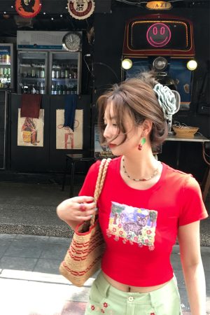 Red Printed Short Sleeve T-Shirt for Women - Vintage Summer Slim Fit Round Neck Top - Y2K Fashion Style