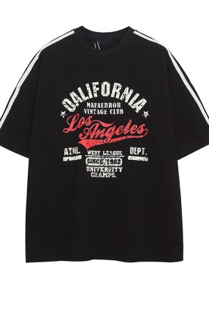 Red Retro Letter Print Short Sleeve T-Shirt for Women - Summer College Style, High-End Feel, Casual American Fashion